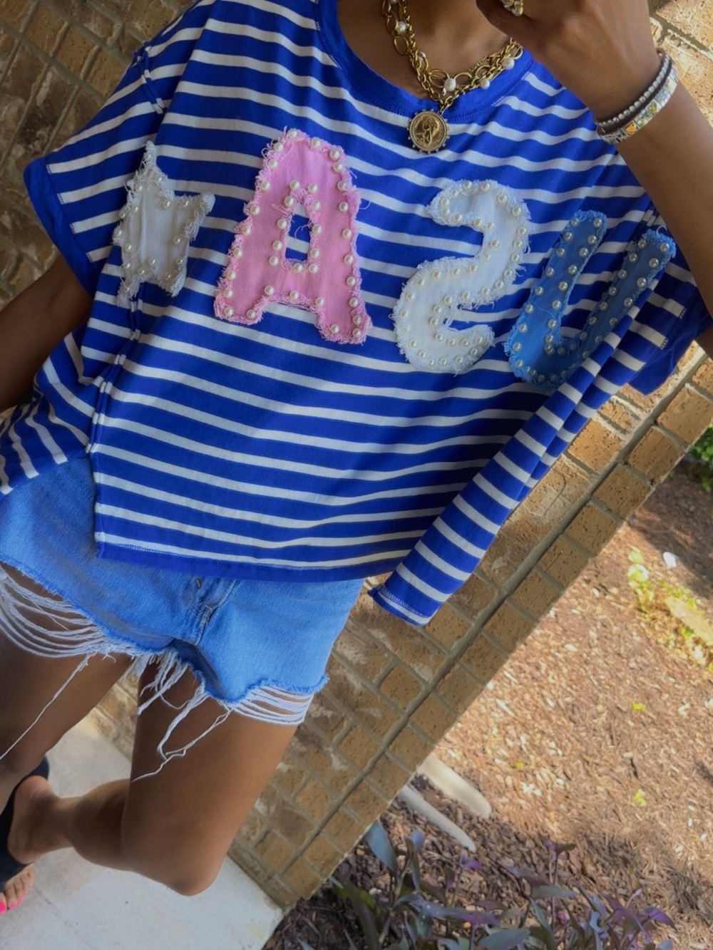 USA Pearl Patchwork Blue & White Striped Short Sleeve Tee Embellishments